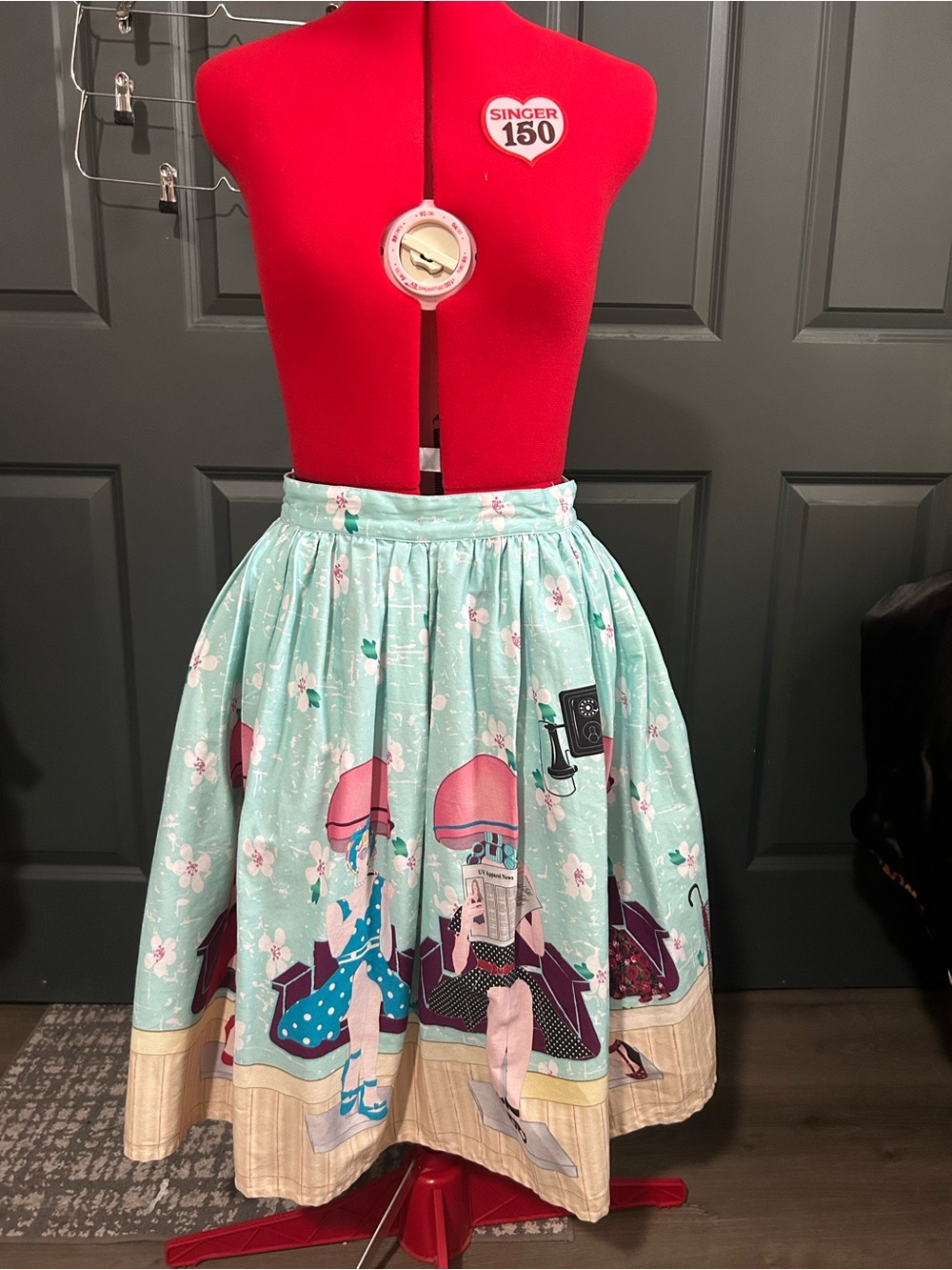 Unique Vintage Mint Green Salon Print Circle Skirt